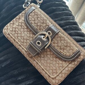 Coach Signature Canvas Wristlet in Brown and Tan with Gold Hardware
